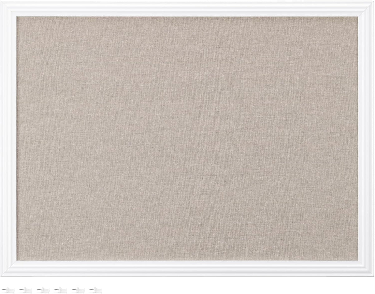 Navaris Framed Linen Bulletin Board - Approx. 58 x 43cm Fabric Jewelry Organizer Pinboard for Wall Memory Memo Pin Board - Natural Linen with White Frame