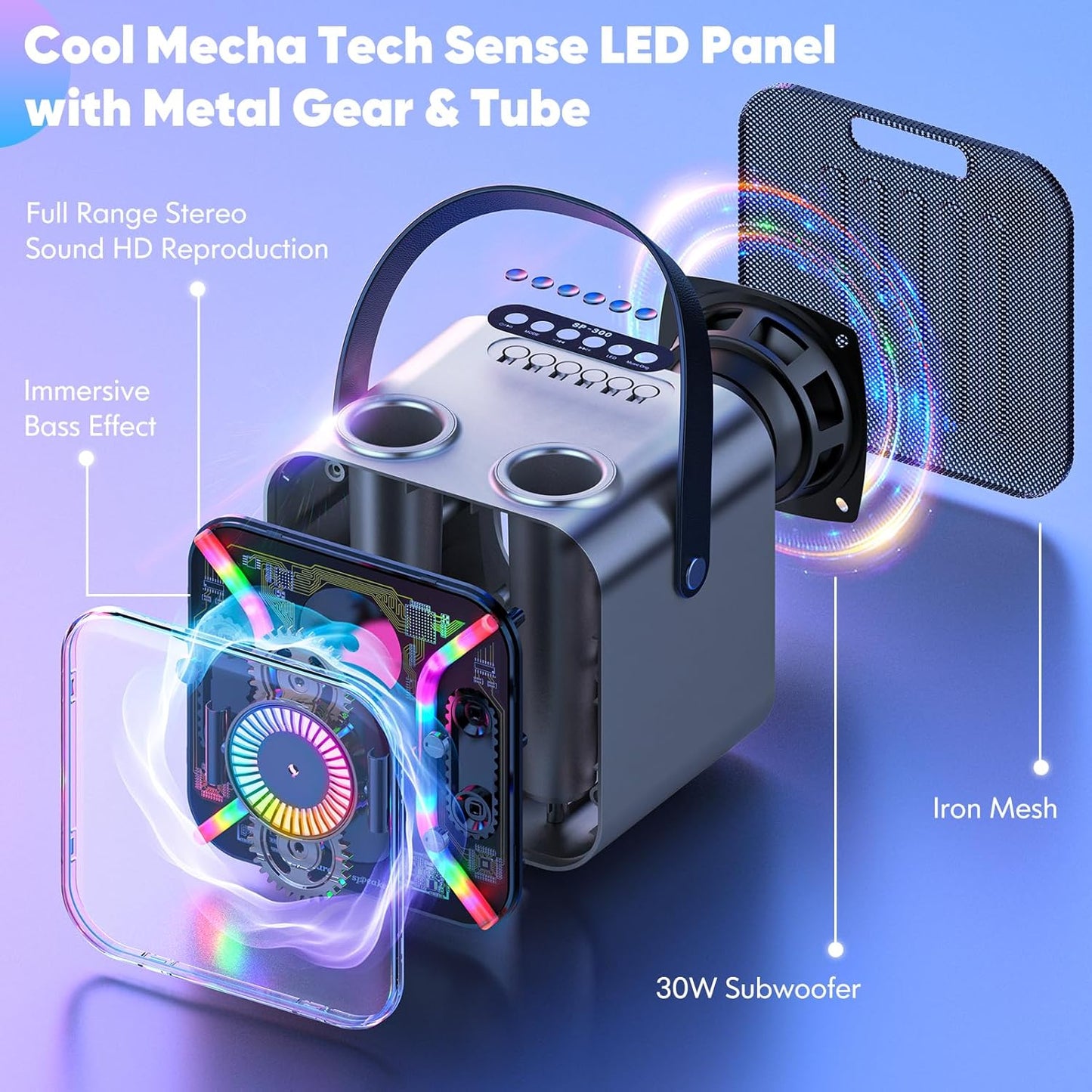 Karaoke Machine for Adults with Two Wireless Microphones, Bluetooth Speaker, LED Light Show, 360-Degree Stable Bass Mic, Silver