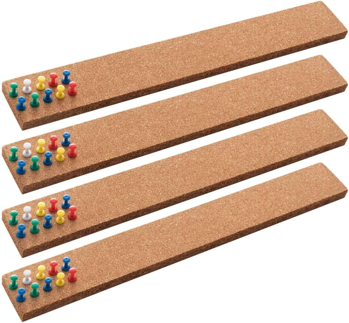 HBlife Cork Board Bulletin Board Bar Strip 15x2 Inch - 1/2 Inch Thick, Frameless Cork Board Strips with 50 Multi-Color Push Pins, Strong Self Adhesive Backing - 4 Pack