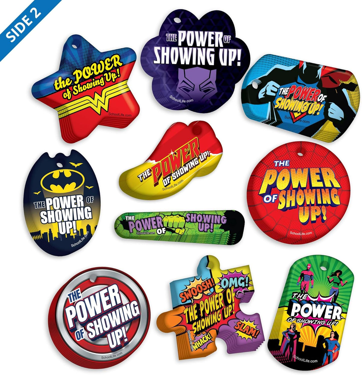 Awesome Attendance Heroes Brag Tag Value Pack to Improve Student School & Classroom Attendance: 250 Tags (25 Tags for Each Design) + 75 USA-Made 24" Hypoallergenic Aluminum Safety Chains