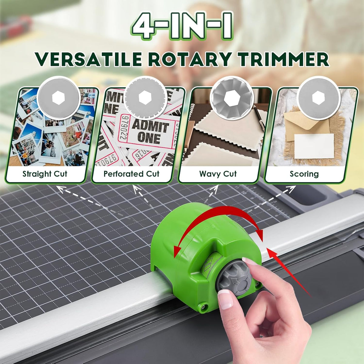 CGOLDENWALL 4-in-1 A4 Rotary Paper Cutter with 4 Blades, for Craft DIY, 12 Sheets, Straight/Perforated/Wavy/Creasing Line, 12.6" Cutting Length, for Photos Tickets Invitations Cards