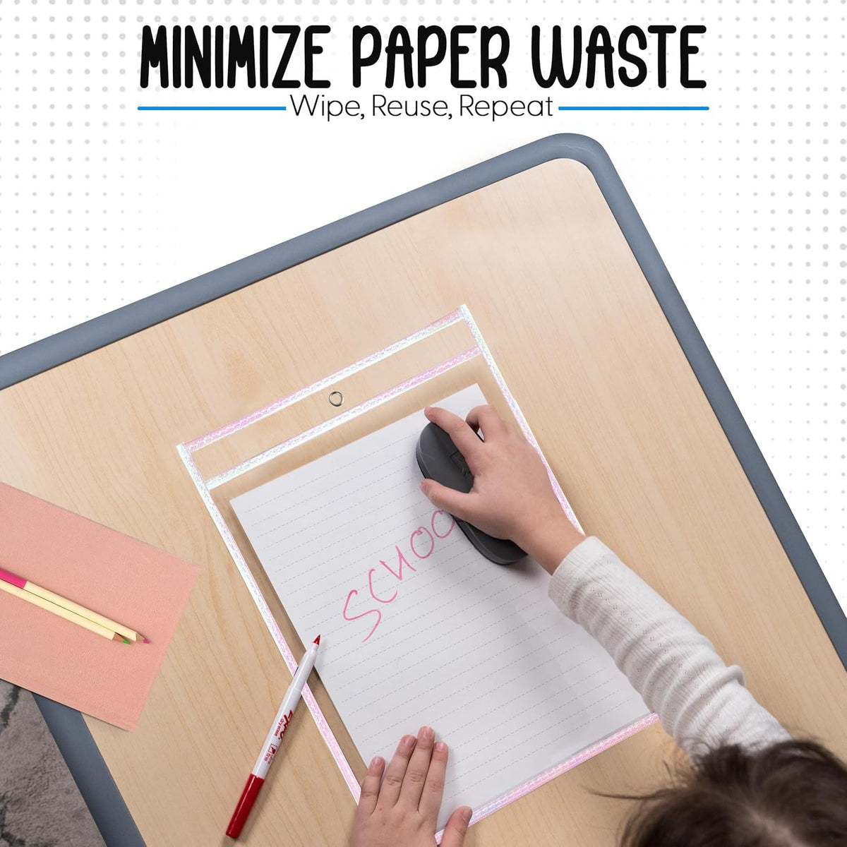 Essex Wares - 6 Pack, Shimmer, Water-Resistant Dry Erase Pocket Document Protectors, 10" Wide x 13.5" Tall - Dry Erase Clear Plastic Sleeves - Reusable & Easy Erase Plastic Invoice Holders