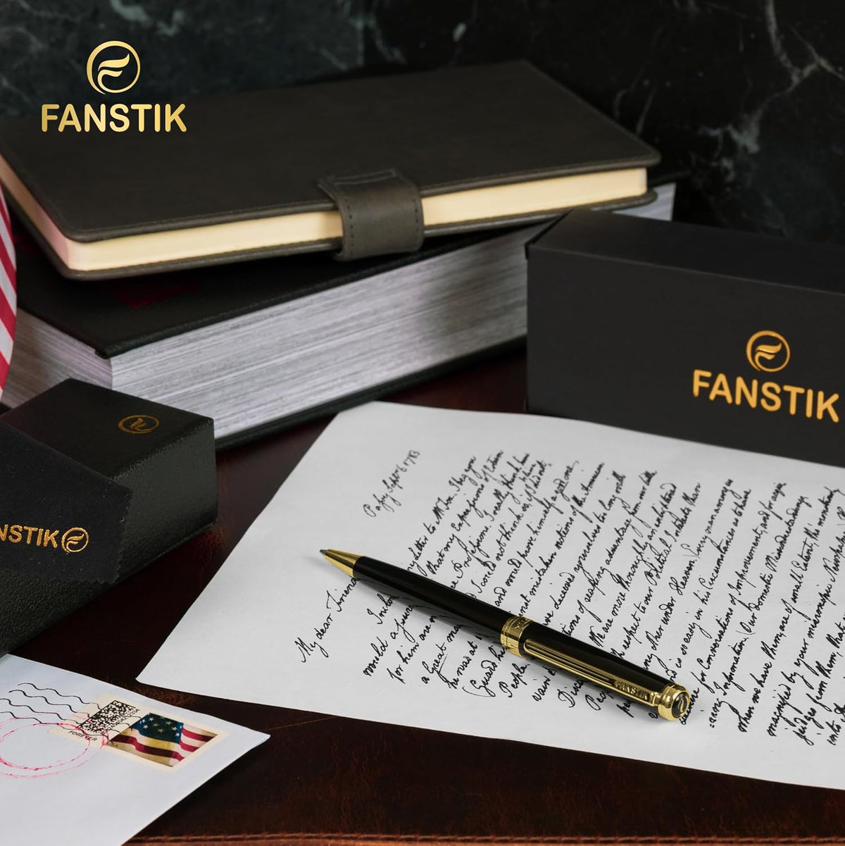 Customized Black & Gold Luxury ballpoint pen (Made In USA) fancy gift set for women, Real 24K Gold Plating, Professional executive pen gift set for men (Lux Custom-BallPoint Black-Gold)