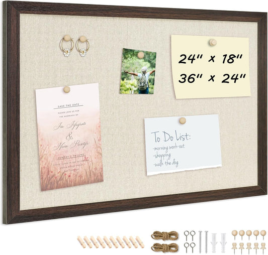 DOLLAR BOSS Bulletin Board with Linen 36'' x 24'' Wood Framed Cork Boards for Walls, Photo Display Pin Board, Decorative Corkboard for Office Home School Dorm Decor with 10 Pushpins, Dark Walnut
