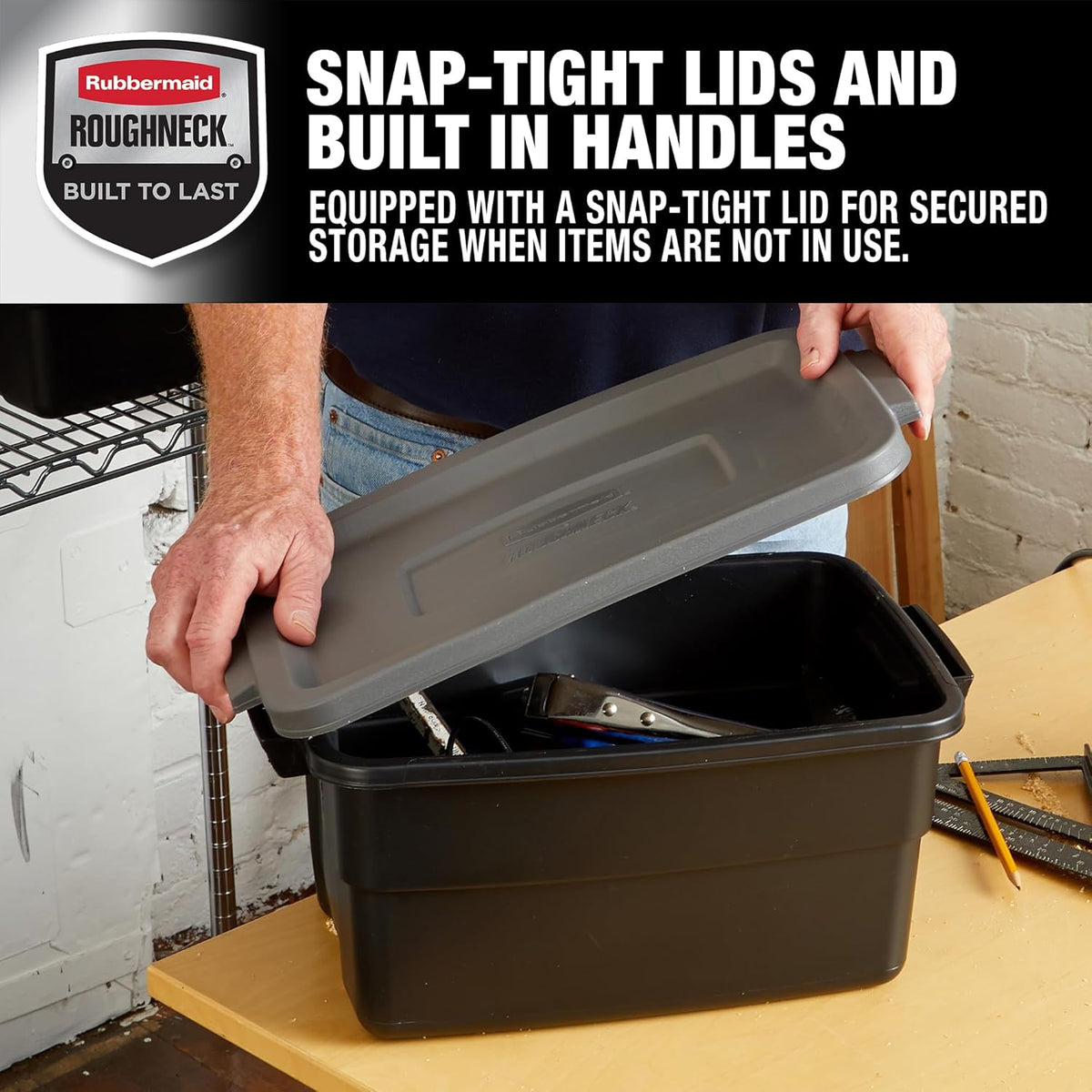 Rubbermaid 3-Pack Garage Storage Bins 18x12 Inch Heavy Duty Storage Bins, Large Capacity - USA Made Stackable Plastic Bins with Lids Black