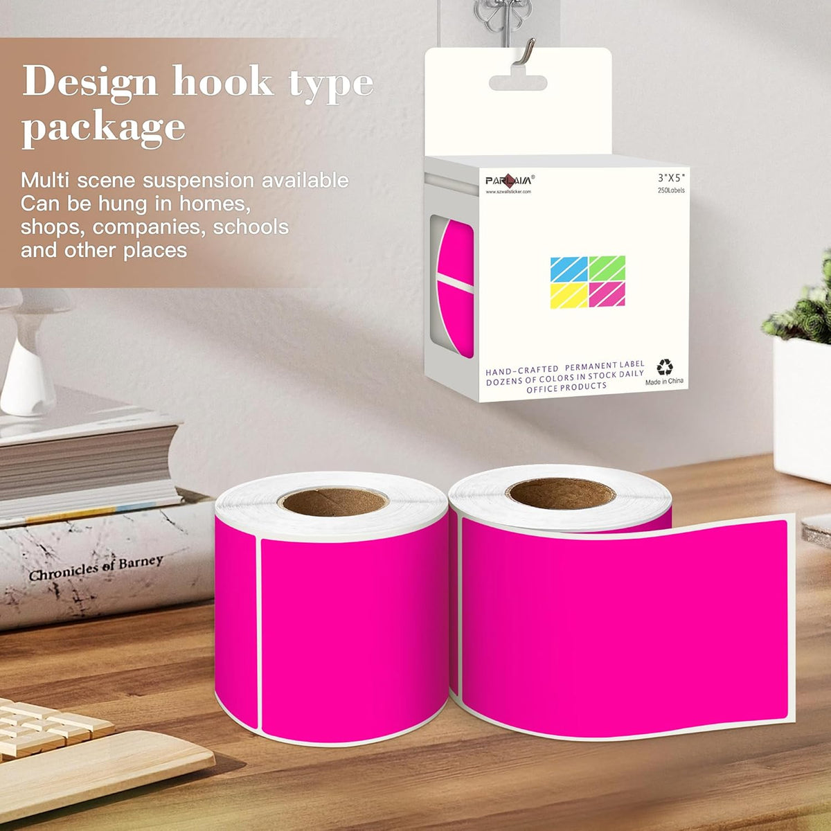 PARLAIM 3x5 inch Rectangle Color Code Stickers, 1000PCS 4 Rolls Square Adhesive Inventory Label, Fluorescent Pink