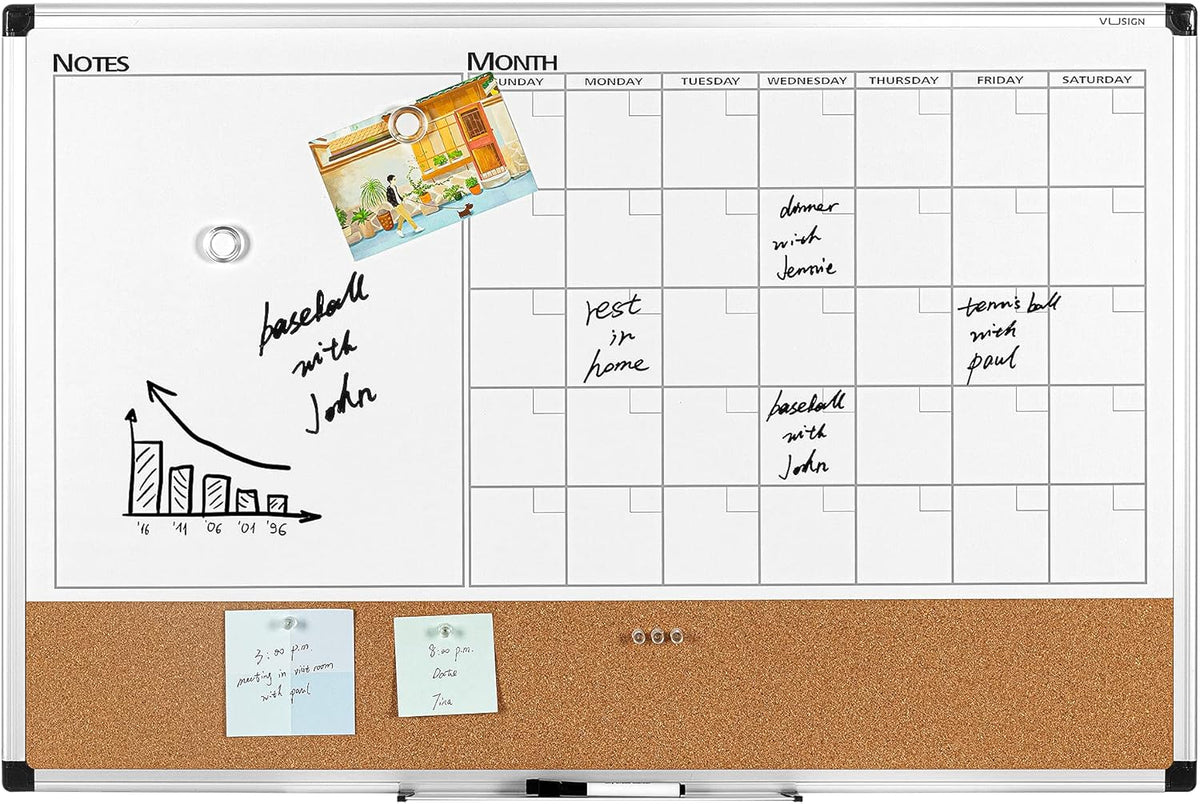 VUSIGN Monthly Calendar Whiteboard Dry Erase Cork Board Combo, 24" x 36" Planning Board, Silver Aluminium Frame