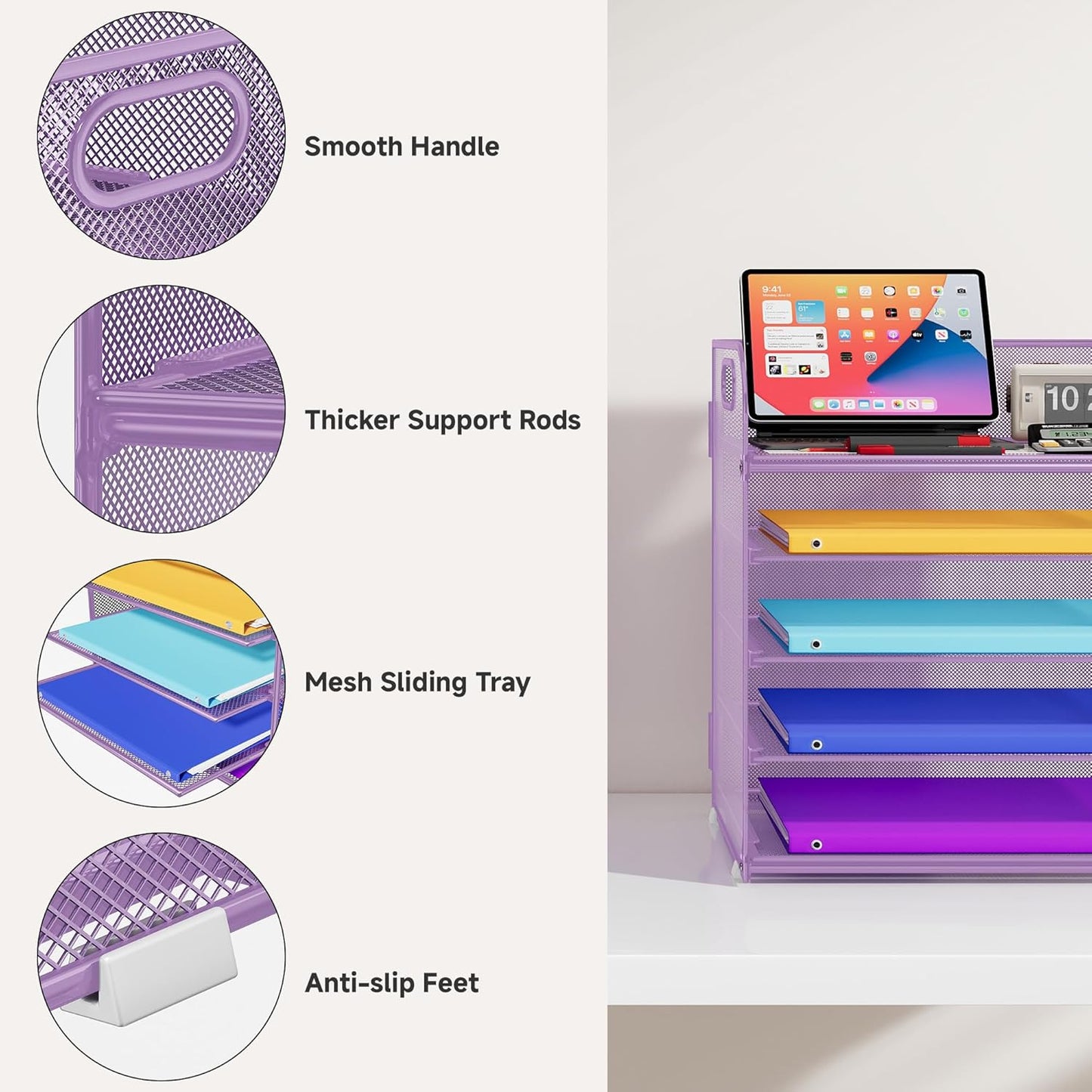 5 Tier Paper Organizer with Handle, Metal Mesh Desk Organizer File Folder Paper Letter Tray Desktop Document Sorter for Classroom, School, Office Accessories Organization and Storage - Purple