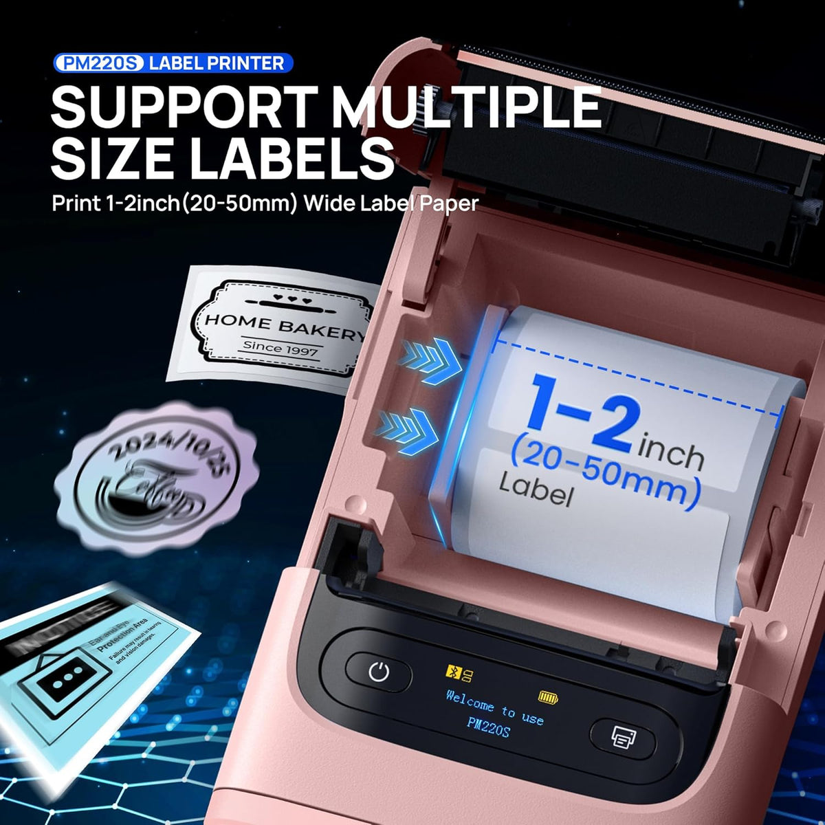 POLONO PM220S Label Maker Machine with Tape, 2 Inch Bluetooth Thermal Label Printer, Portable Sticker Printer for School, Office, Home, Business, Label Maker with 2'' x1.18'' Labels, Pink