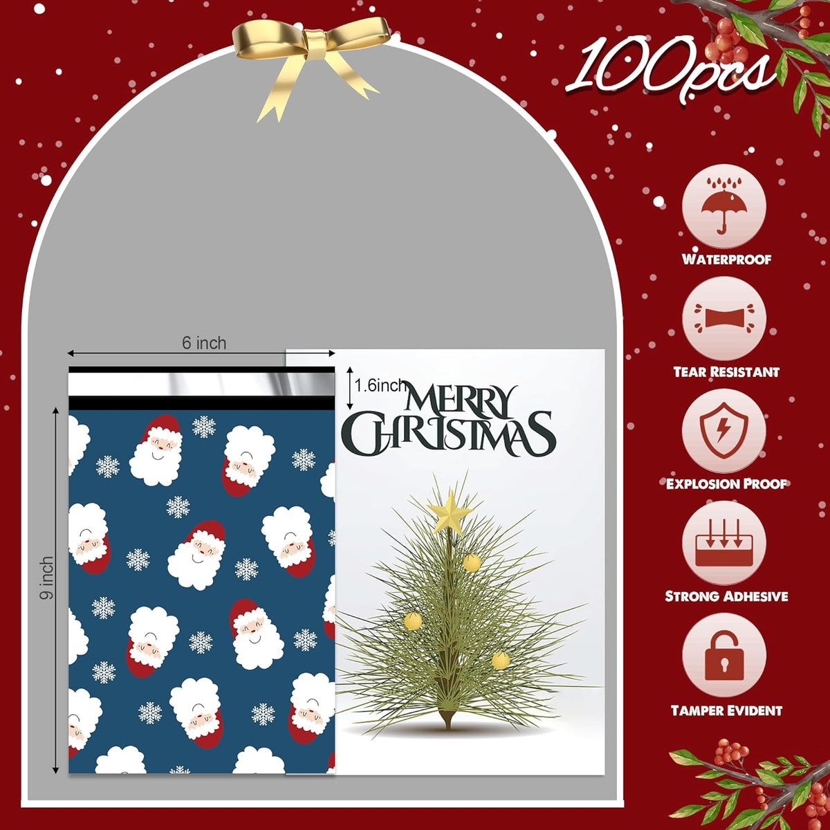 Christmas Poly Mailer 6x9 Inch 100 Pcs, Waterproof Shipping Bags for Clothing, Tear-Resistant Mailier Bags, Strong Mailing Bags with Self-Seal - Santa Claus and Snowflakes Printed