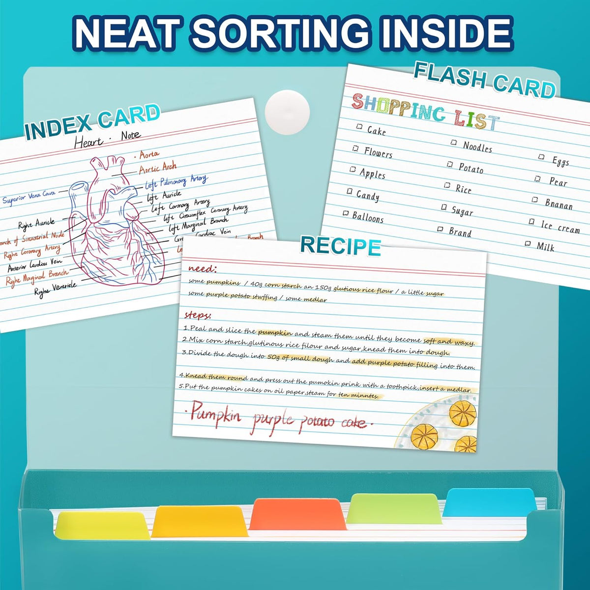 H4D 4x6 Index Card Case with 100 Heavyweight Ruled Index Cards and Dividers, Teal