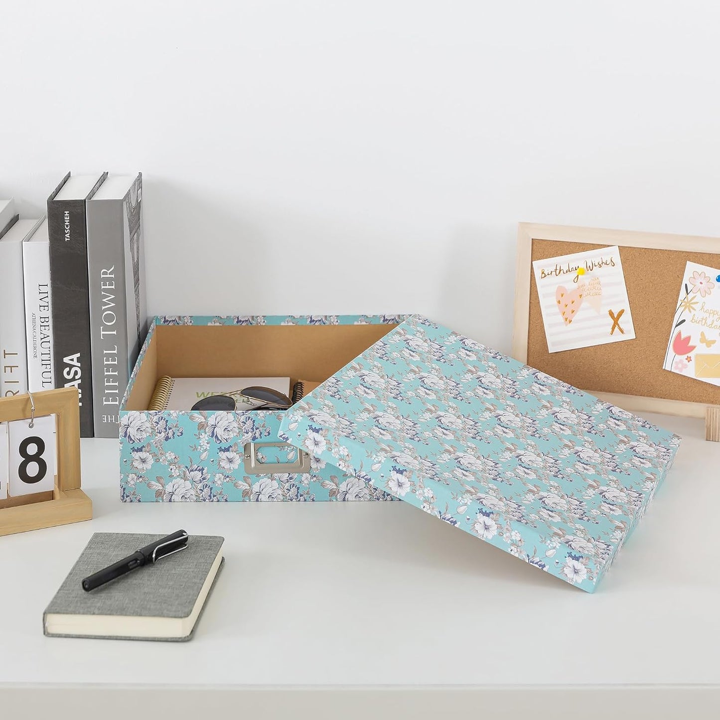 Soul & Lane Photo Storage Box with Lid, 14.8 × 13.0 × 3.7 Inches, Floral Keepsake Memory Organizer, Cardboard Storage for Photo Albums, Scrapbooks, Artwork, Stationary, Memorabilia, Blue Cottage