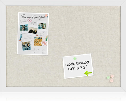 Board2by Farmhouse Linen Cork Bulletin Board 48 x 32, White Wood Framed 4 x 3 Corkboard, Office Board for Wall Decor, Large Pin Board Picture Board with 20 Pushpins for School, Home & Office