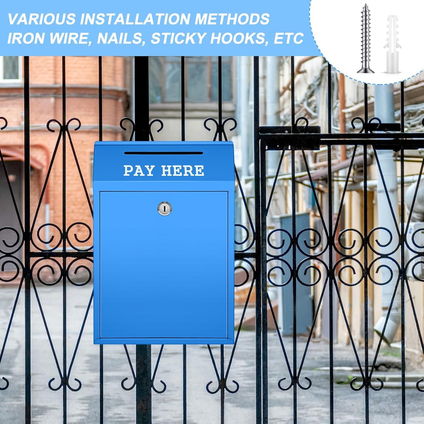 Safe Cash Box Money Collection Metal Donation Box with Lock Wall Mount Pre Drilled Mailbox Delivery Ballot for Home Office Outdoor Self Serve Stand(Blue,11.8 x 8.6 x 4.7 Inch)