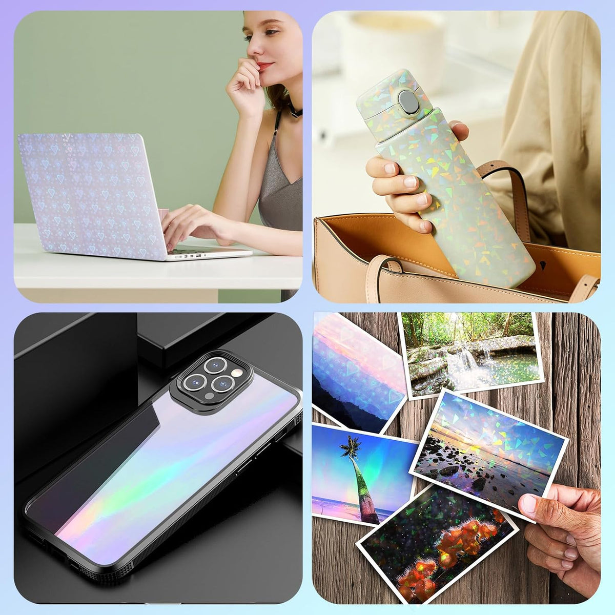 36 Sheets Holographic Laminate Sheets Transparent Holographic Sticker Paper Self Adhesive Laminating Sheets Clear Vinyl Waterproof Overlay for Sticker Pape, 8.5x11 inch 6 Patterns