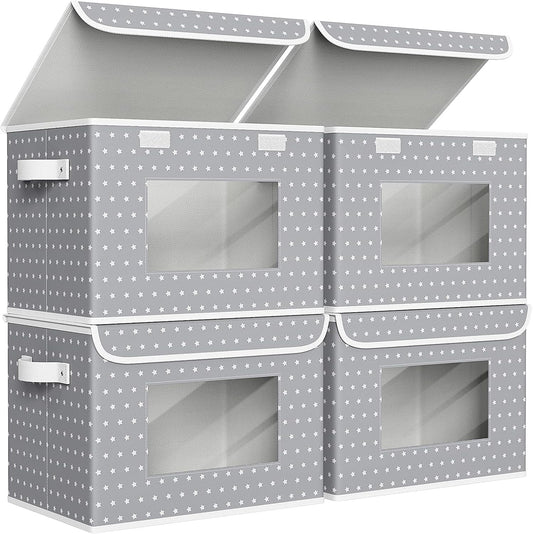 Univivi Fabric Foldable Storage Boxes [4-Pack] Large Collapsible Stackable Storage Bins with Lids, Closet Organizers and Storage Cube Basket for Home, Office, Bedroom (Gray Star, 17”x 12” x 12”)