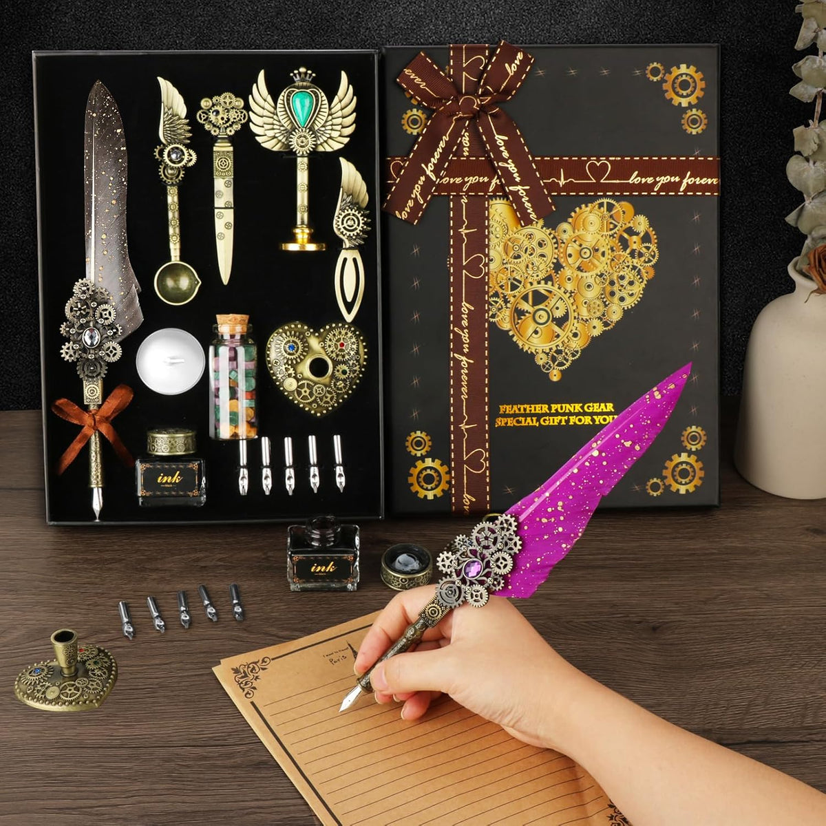 Feather Quill Calligraphy Pen Set With Ink and Wax Seal Stamp - Beautiful Gift Set for Christmas - Grey