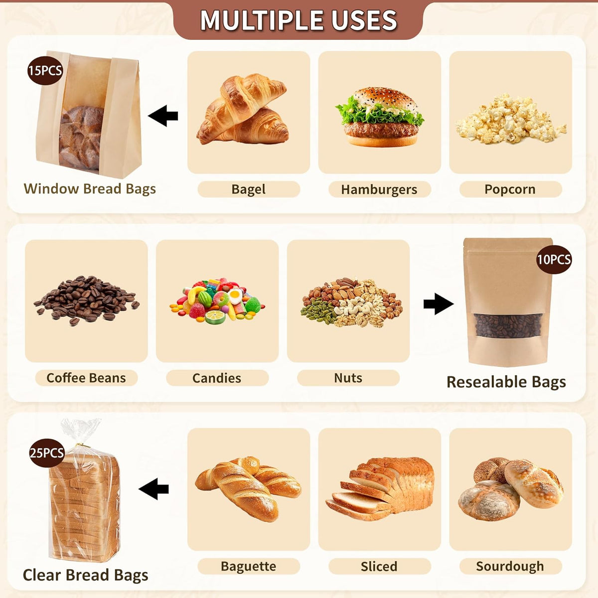 Bpole 3-in-1 Bread Bakery Bags - 50pcs Resealable Paper Plastic bakery Bags for Homemade Sourdough Bread Storage,Snacks,Sandwich, Candies and Cookies,Preservation Freshness