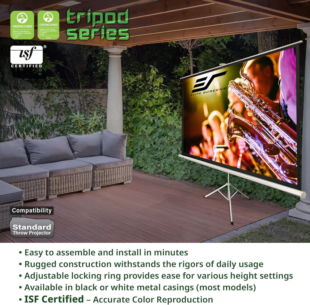 Elite Screens Tripod, 100-Inch 16:9 Portable Projector Screen with Stand– MaxWhite 2, 1.1 Gain, Adjustable Indoor Outdoor Pull Up Projection Screen for Home Theater, Office & Classroom, T100UWH, Black