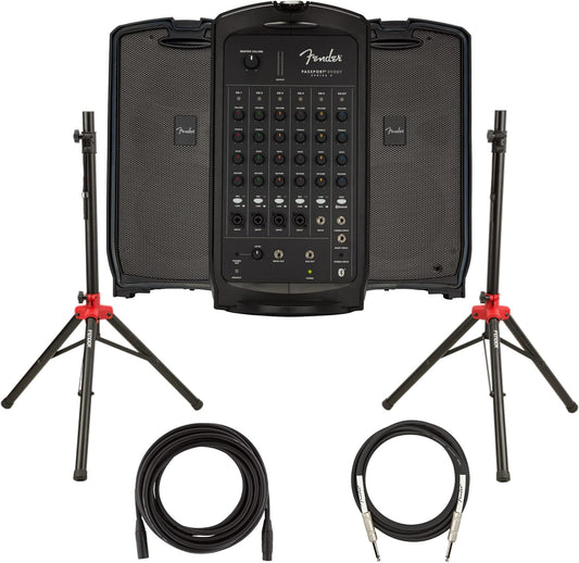 Fender Passport Event S2 Portable PA System Bundle with Compact Speaker Stands, XLR Cable, and Instrument Cable