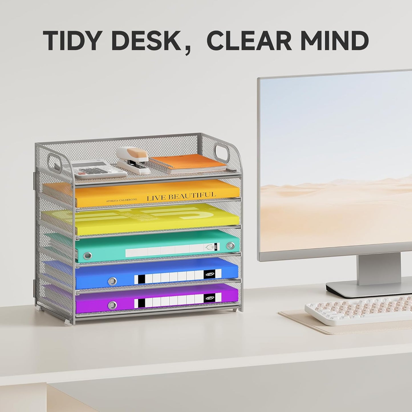 6 Tier Paper Organizer with Handle, Metal Desk Organizer Mesh Paper Letter Tray Desktop File Folder Document Sorter for Classroom, School, Office Accessories Organization and Storage - Silver