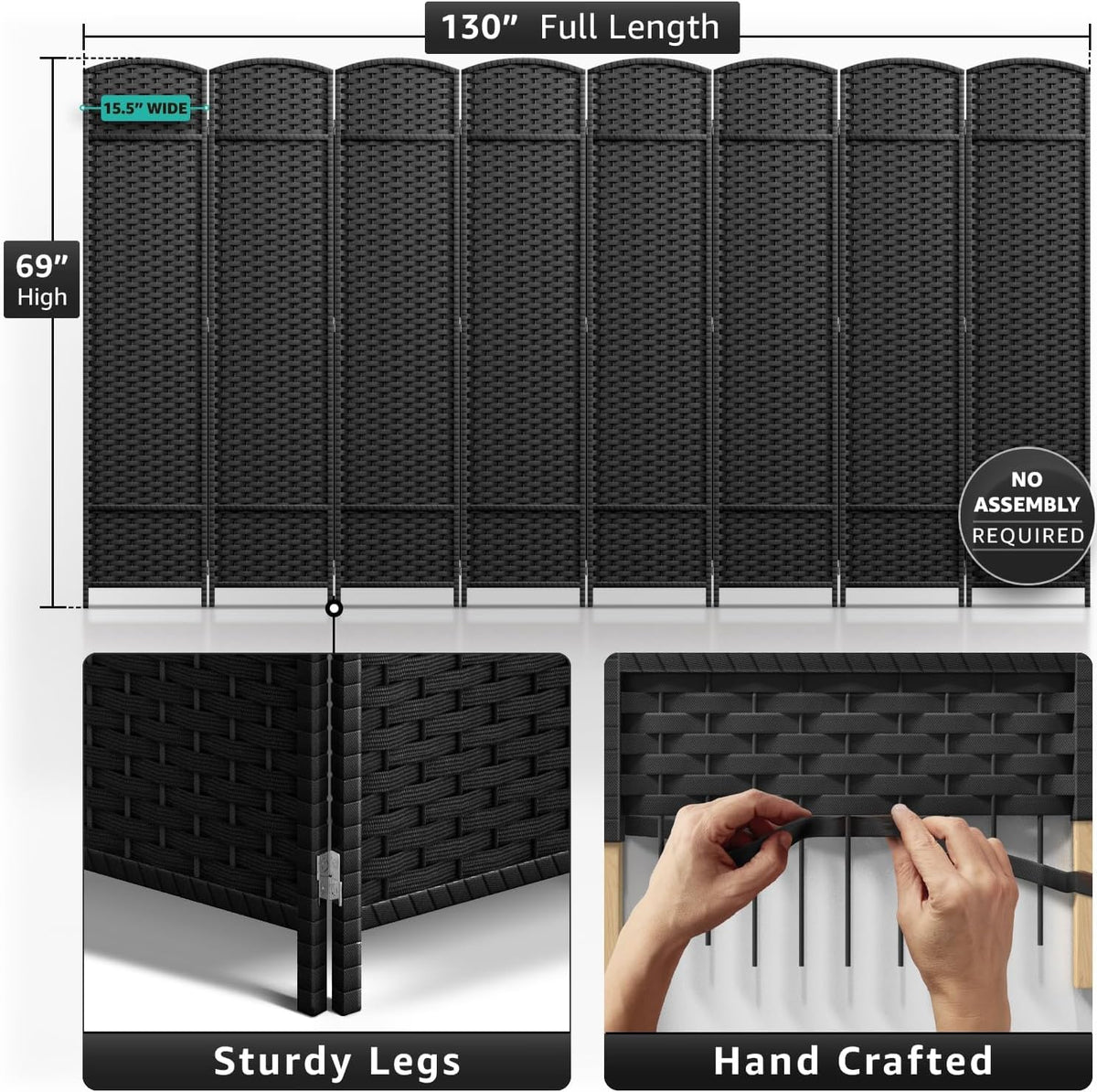 Sorbus 8-Panel Black Room Divider with Double Hinged Panels, 6 ft Tall Folding Privacy Screen