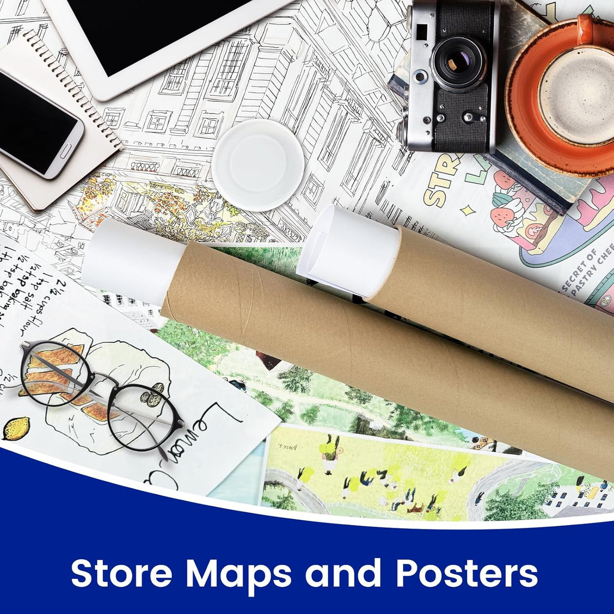 4-Pack Mailing Tubes with Caps, Paper Cardboard Storage Tubes for Shipping, Prints, Documents, Crafts & Golf Clubs (4in*47in, 3in*47in)