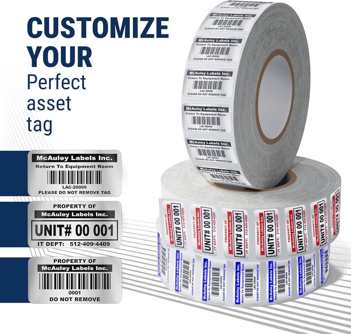 McAuley Labels Custom Asset Tags for Equipment - Numbered, Permanent - Heavy Duty Metalized Polyester, Stronger Adhesive - Barcode Label - 2x1