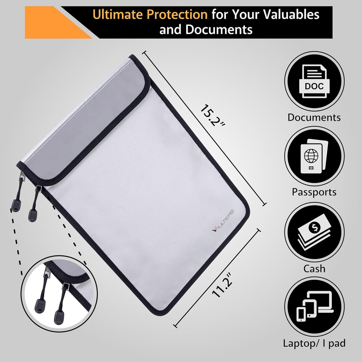 2000°F Upgraded Fireproof Document Bag - 15"x11" Fireproof & Waterproof Document Bag with Dual Pockets & Zipper, Silicone-Coated Fire Safe Bag for Cash, Documents, Passport, Valuables & Legal Files