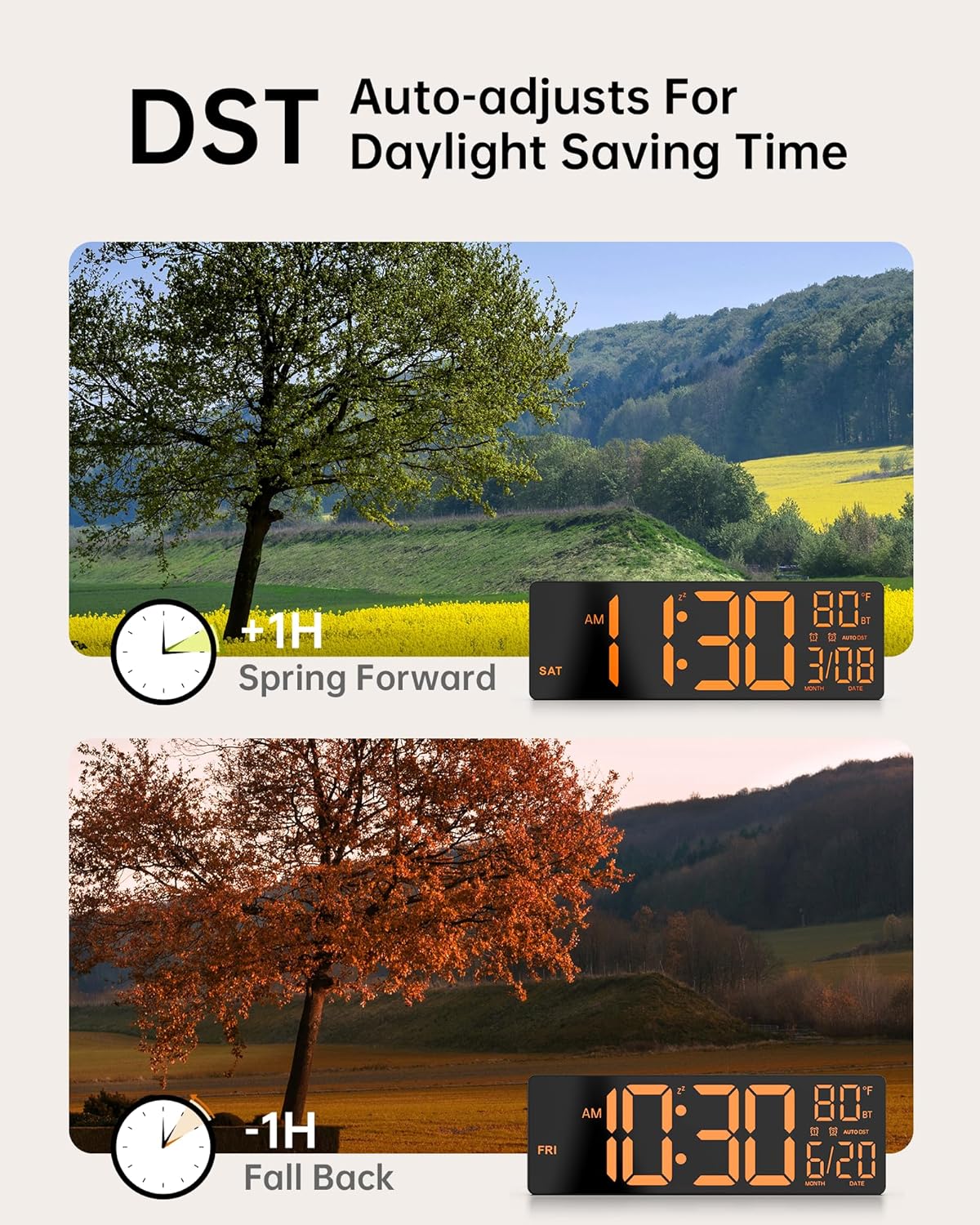 12" Digital Wall Clock for Classroom Livingroom Game Home Decor with LED Display RGB Lights, BIuetooth Sync, Dual Alarms, Auto DST, Countdown, Remote Control, Temperature