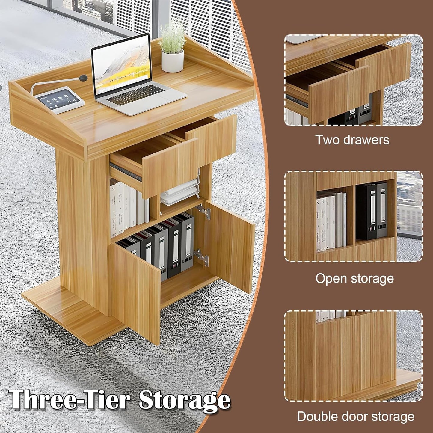 Solid Wooden Podium Stand Podiums for Classroom Lectern Podium Stand Wood Church Pulpit with 3 Levels of Storage and Heightened Baffles (Wood Color, 39.4in)