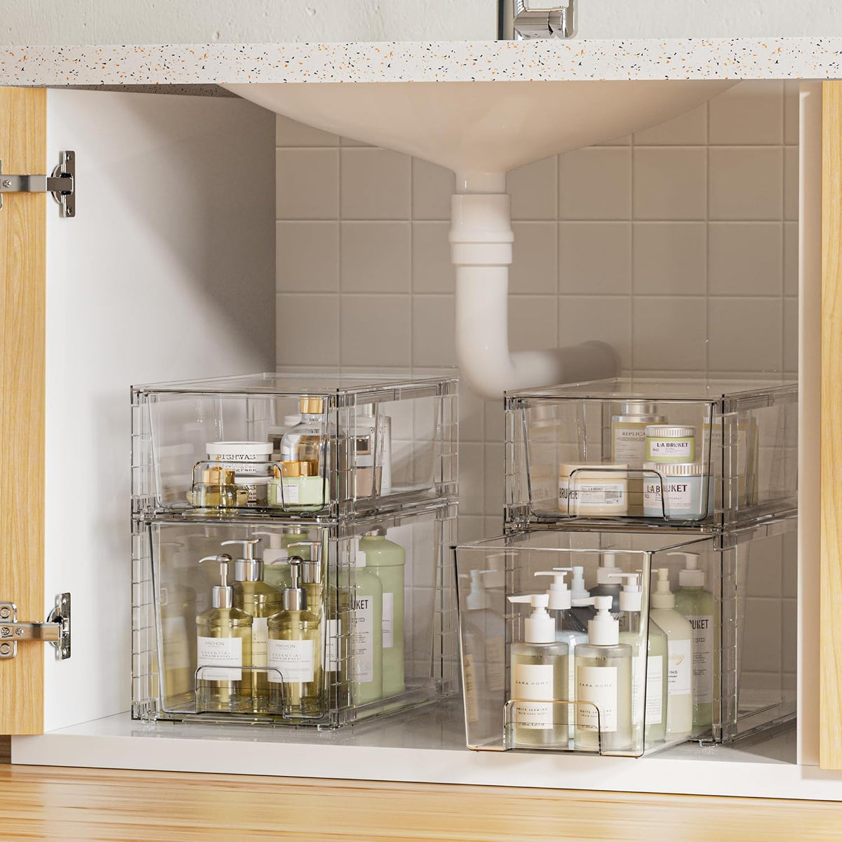 Vtopmart 6 Pack Clear Stackable Storage Drawers,Easy to Assemble Bathroom Organizers and Storage with handles,Plastic Drawers for Kitchen Pantry,Cabinet,Under Sink Organization