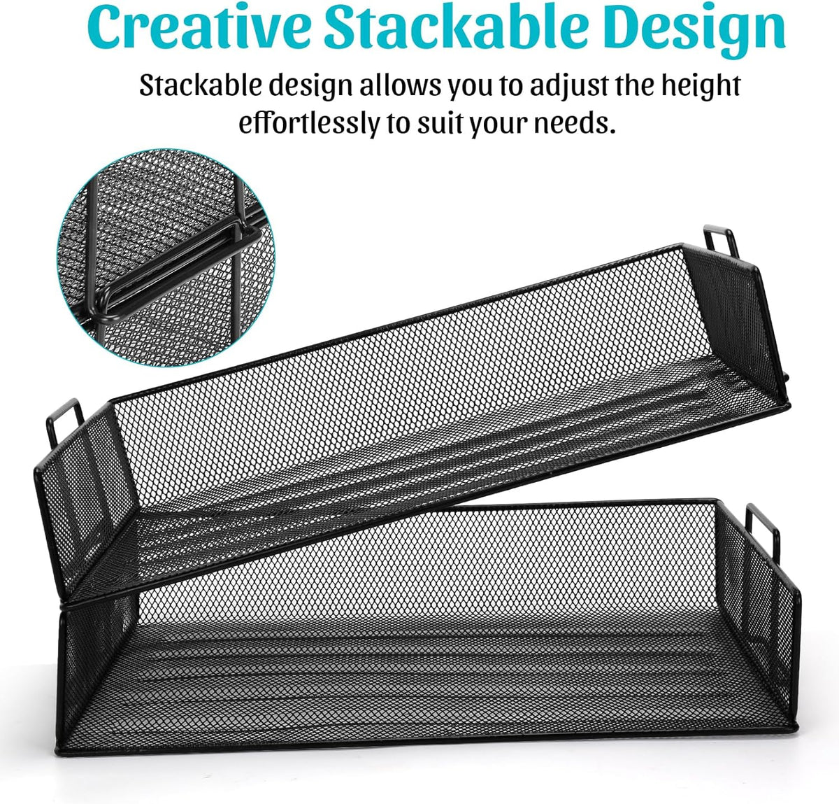 Office Drawer Organizer, 2 Tiers Stackable Paper Tray Organizer for Desk, Standing Papers File, Black Mesh/Office File Collation