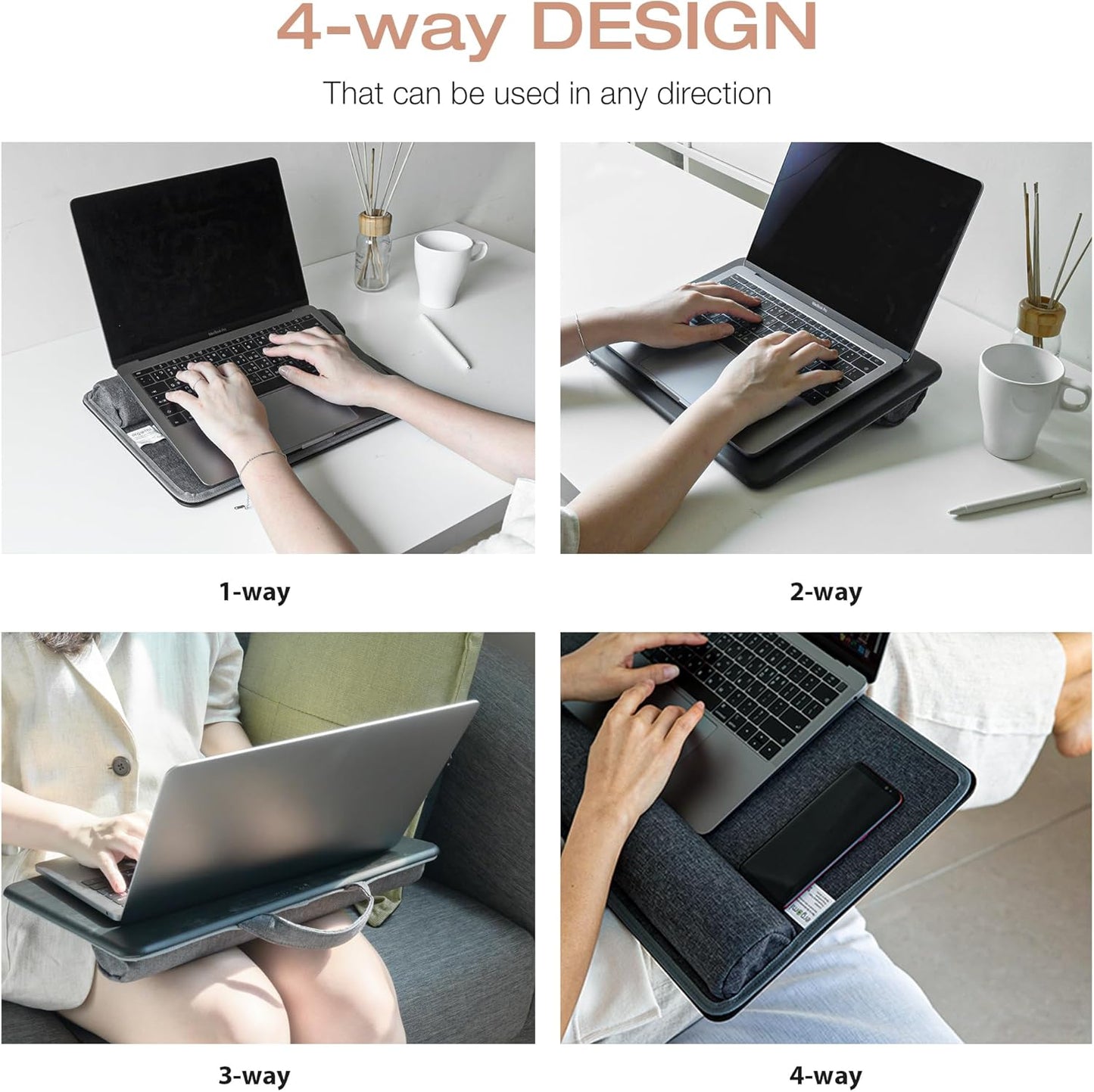 Lap Desk with Soft Cushion and Wrist Rest – Portable Laptop Desk for Bed, Couch & Home Office, PU Surface Tray with Handle for 15.6 inch Laptop (Medium, Black)