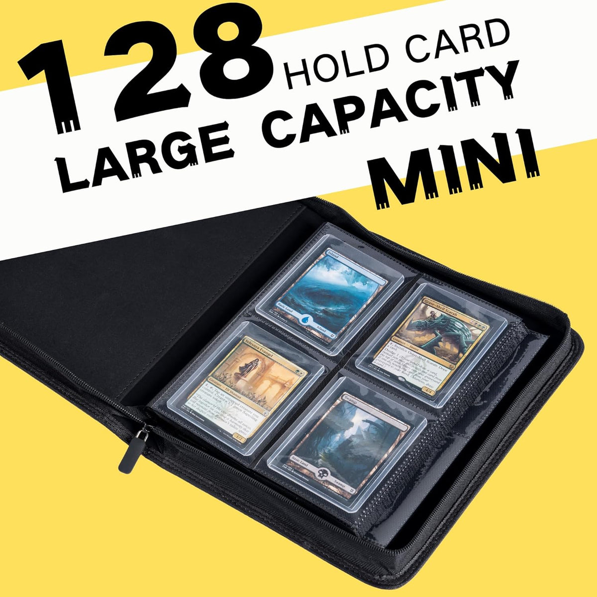 Toploader Binder, Holds 128+ Toploaders, 4 Pocket Top Loader Card Storage Case, Double-Sided Pockets for trading card in 3 x 4'' Toploaders (Yellow)