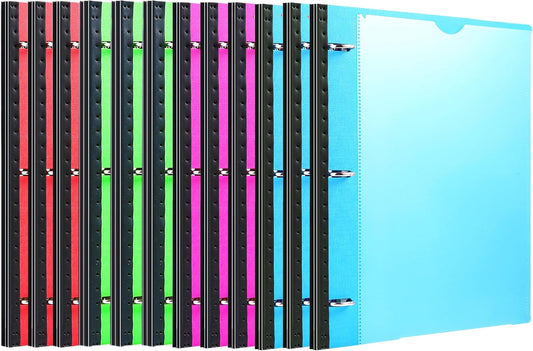 Telescoping 3 Ring Binder-12PCS, Flexible Binder with Customized Front Cover+Clear Catalog Pocket+3 Round Rings, Flat Writing Binder, 4 Bright Colors