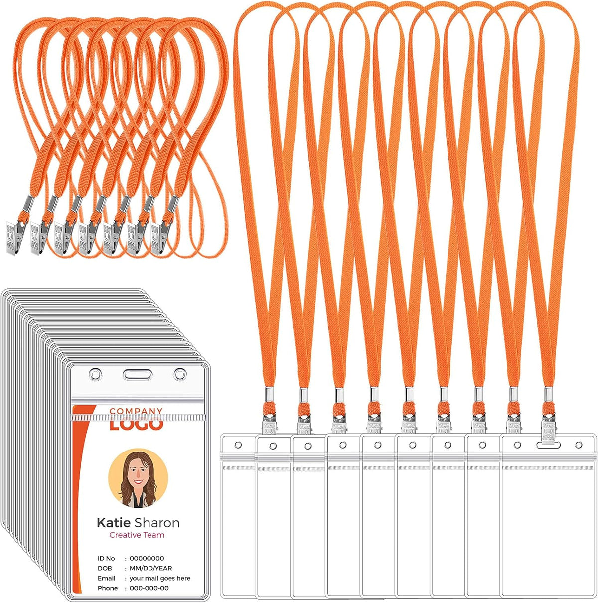 Marspark 100 Pcs Name Tag Lanyards with ID Holder Lanyards for ID Badges Resealable Flat Neck Name Tag with Clip Waterproof Plastic Clear Badges Bulk for School Office Supplies (Orange)