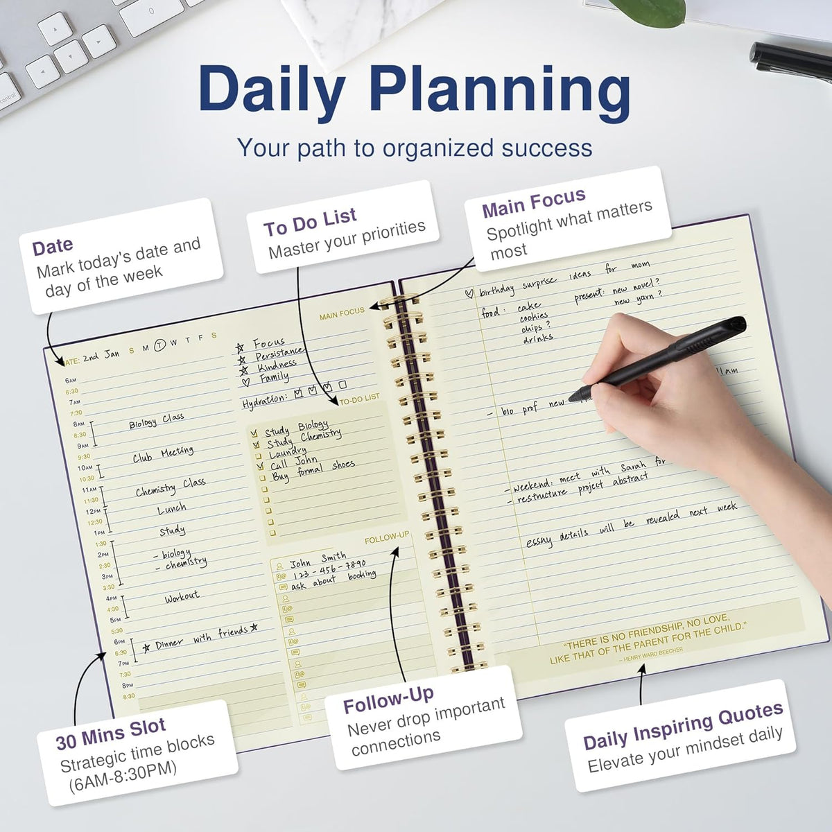 Undated Daily Planner To Do List Hourly Schedule 2027 2026 2025 Calendar & Holiday Habit Tracker 180 Pages Letter Size 8.5" x 11" Sheets Hardcover Wire-O Spiral Bound Notebook (Indigo)