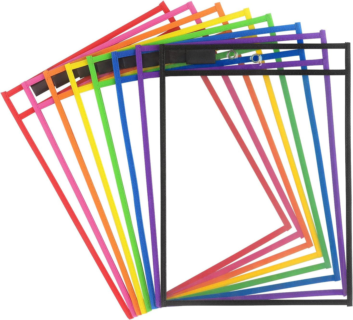 Tamaki 8 Pack Dry Erase Pockets Sleeves with Rings, 10 x 14 Inch Ticket Holders Clear Plastic Sheet Protectors for Teacher Classroom Supplies, 8 Assorted Colors