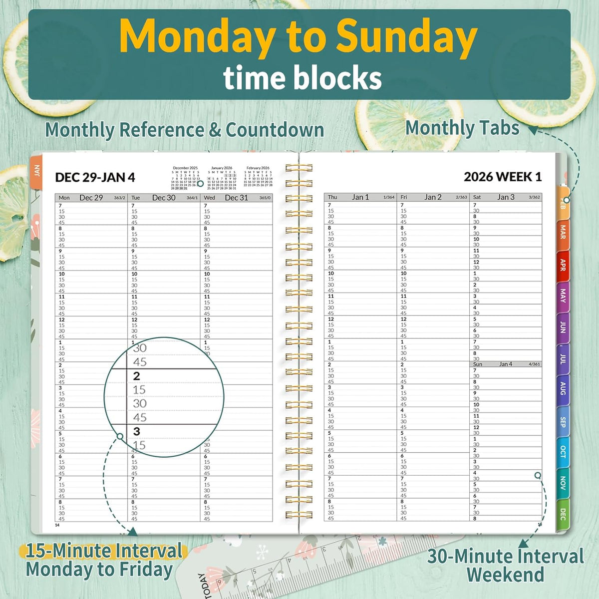 SUNEE 2026 Appointment Book, Quarter-Hourly, Weekly & Monthly - from January 2026 - December 2026, 6.4"x8.3" Weekly Planner, Flexible Cover, Note Pages, Pockets, Bookmark, Green Wildflowers