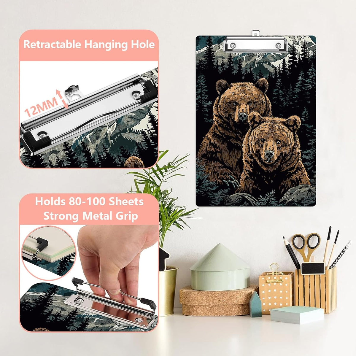 Mountain Bear Plastic Clipboards,Cute Fashion Clipboard Decorative 8.5" x 12.5"Standard A4 Size Clipboards,Acrylic Clipboard for Teacher,Social Worker,Students,Nurse,Office Supplies