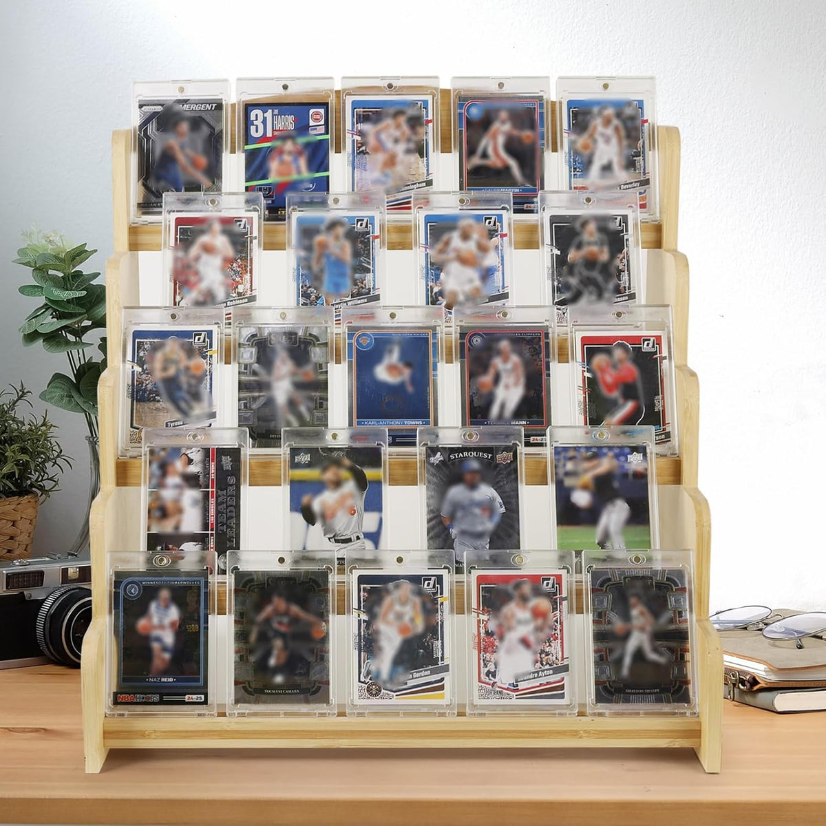 5-Tier Bamboo Trading Card Display Case,35 pt Baseball Card Collection Stand, Sports Card Storage Holder,Card Game Collection (Burlywood)