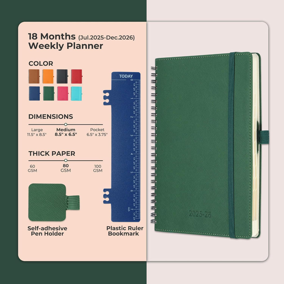Planner 2025-2026 Daily Weekly and Monthly,8.5"x6.5",18 Months Spiral Bound Calendar Agenda with Self-adhesive Pen Holder,2026 Academic Plan with Vegan Leather Soft Cover,Green