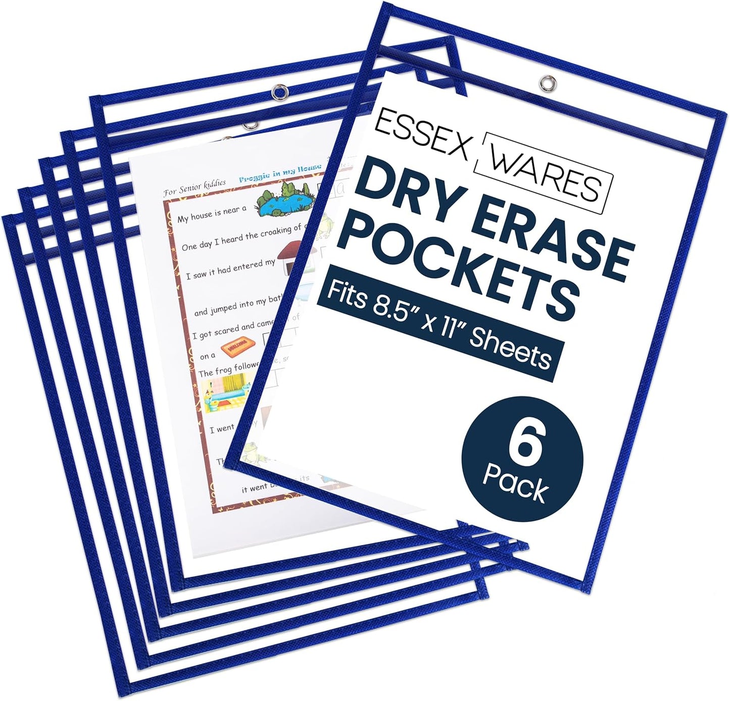 Essex Wares - 6 Pack, Blue, Dry Erase Pocket Document Protectors, 10" Wide x 13.5" Tall - Dry Erase Clear Plastic Sleeves - Reusable & Easy Erase Plastic Invoice Holders, Water-Resistant & Durable