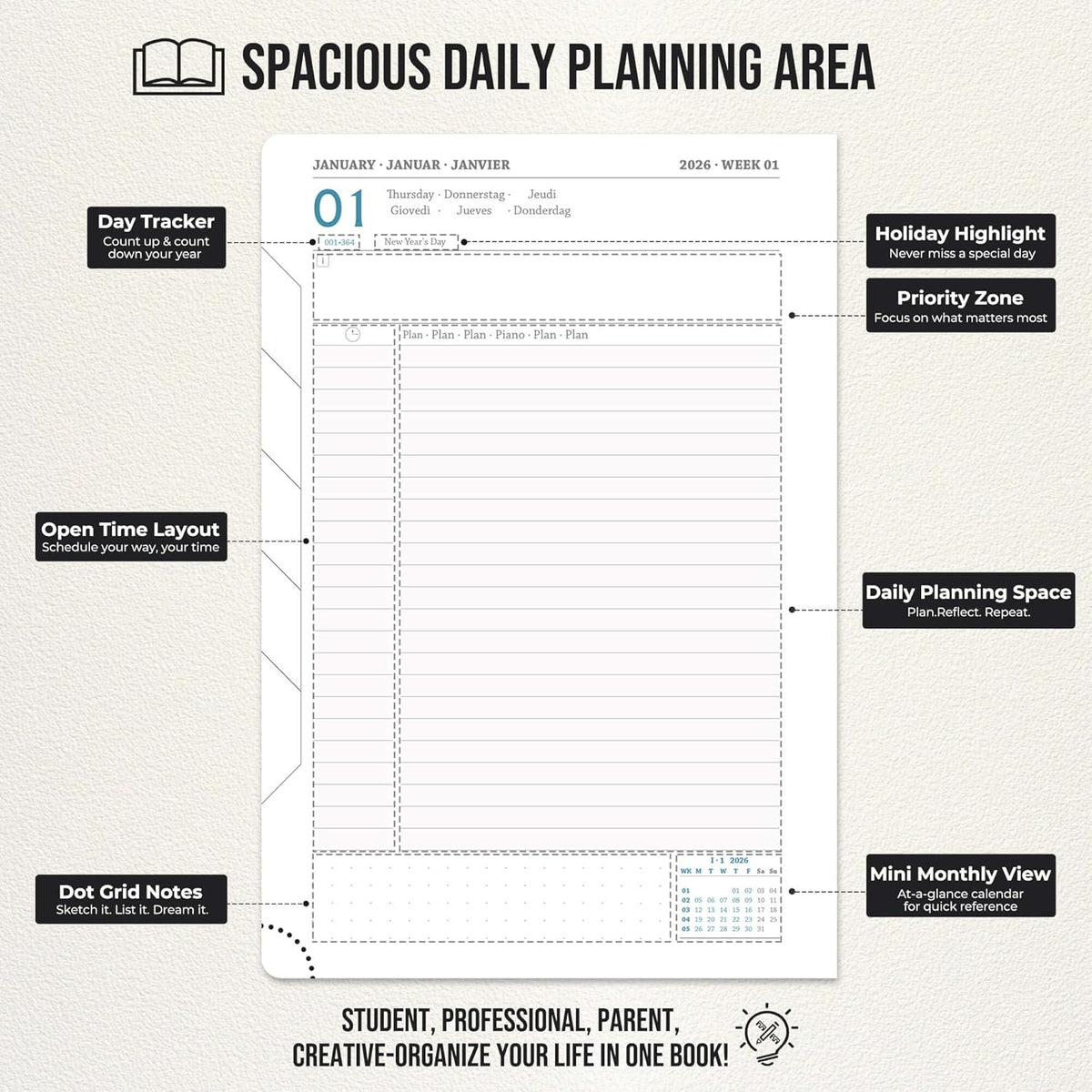 Daily Planner 2026 with One Page Per Day,(A5-8.5" x 5.9"),12 Months Calendar Hourly Appointment Book Monthly Tabs&Self-adhesive Pen Holder,Inner Pocket,Durable Vegan Leather Hardback,Black
