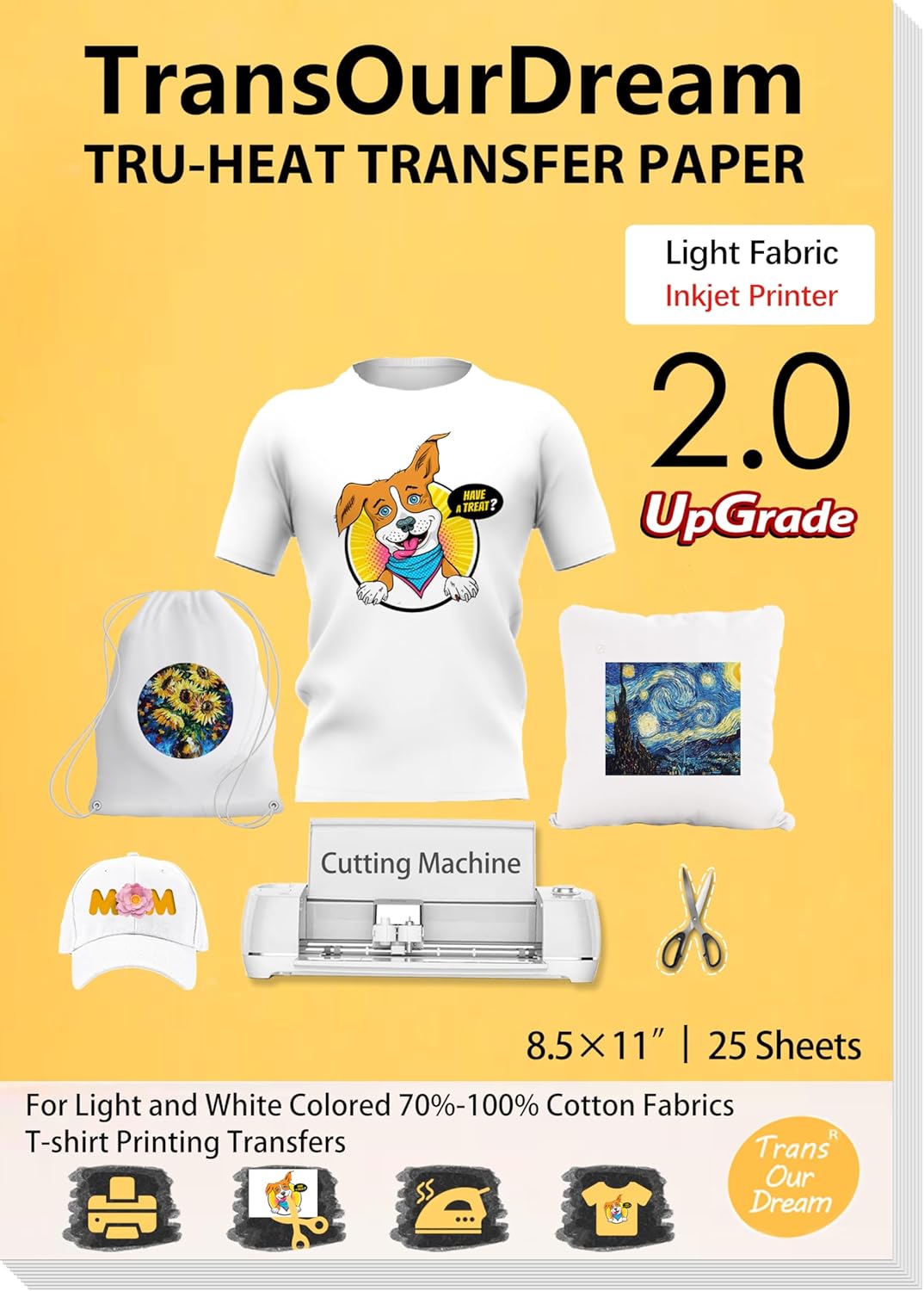 TransOurDream Upgraded Iron on Heat Transfer Paper for T Shirts (25 Sheets, 8.5x11") Iron on Transfers for Light Fabric Printable Heat Transfer Vinyl for Inkjet Printer (L2-25)