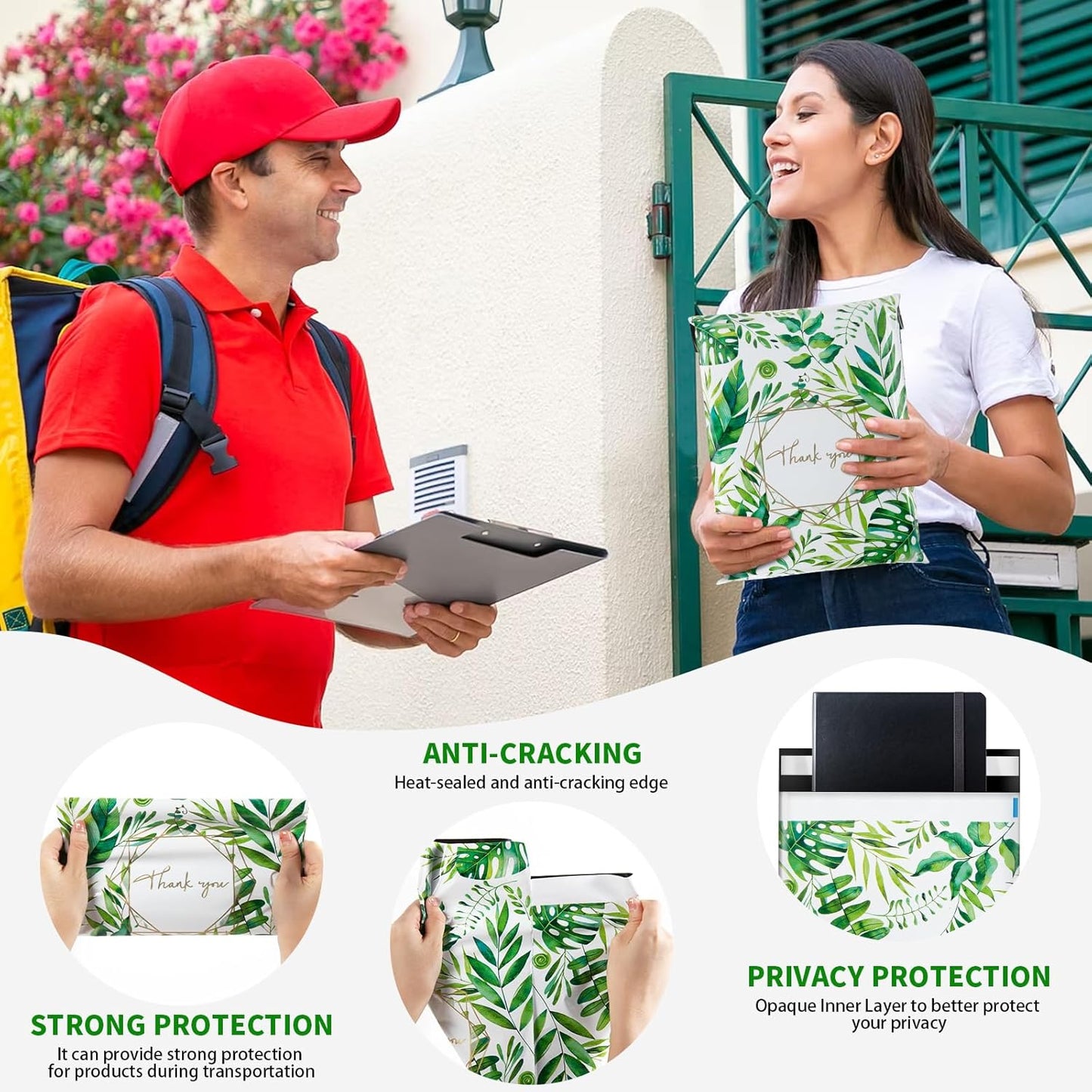 Oududianzi Poly Mailers 10x13, 100 Pack Thank You Shipping Bags, Mailing bags, Mailers Poly Bags for shipping, Shipping Envelopes, Packaging Bags for Shipping - Green leaf