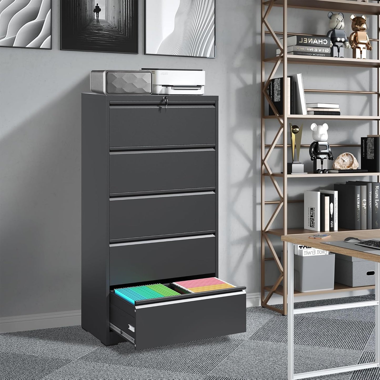 File Cabinets 5 Drawer,Metal Office Storage Filing Cabinet with Lock,Black Lateral Filing Cabinet for Home Office,Horizontal Locking File Cabinets for Legal/Letter/A4,Assembly Require,Black