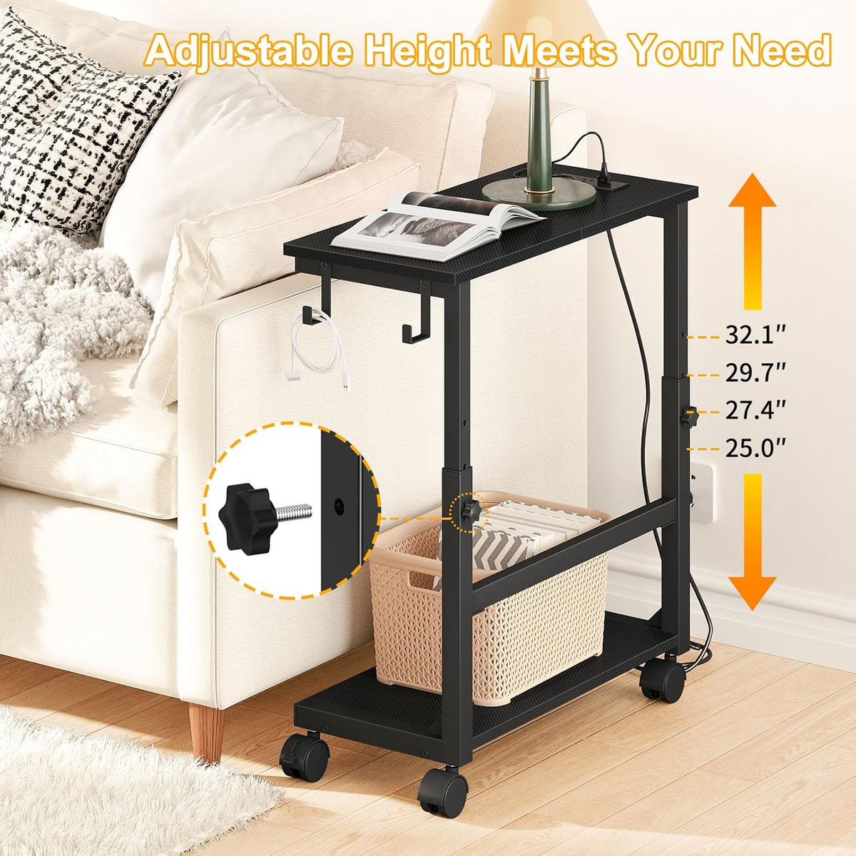 Snughome Computer Tower Stand with Charging Station, 25.0-32.1 Inches Height Adjustable PC Tower Stand for Floor, Mobile PC Holder with Wheels Computer Cart for Home Office