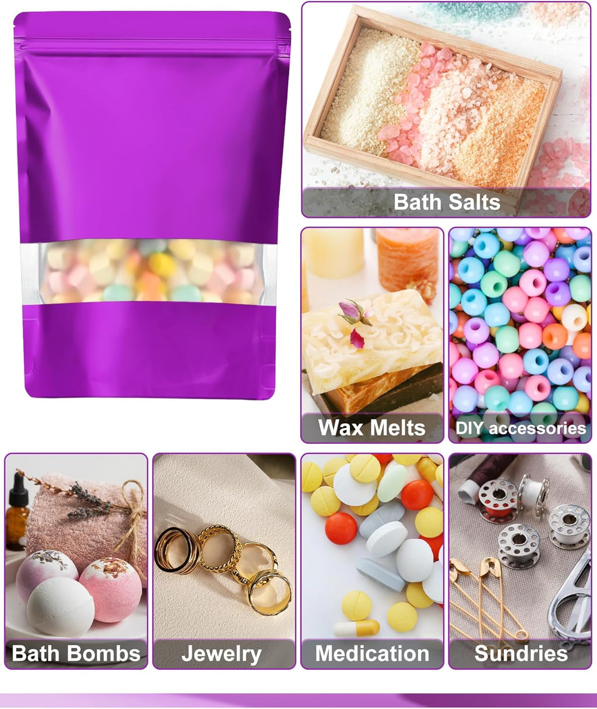 FireKylin 100 Pack Smell Proof Bags 7.1" x 10.2", Resealable Bags with Matte Window, Foil Pouch Stand Up Sealable Bags for Packaging(Purple)